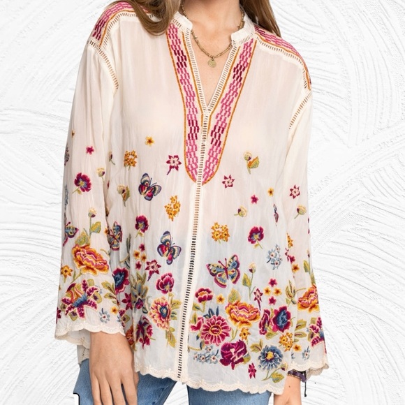 Johnny Was Tops - Johnny Was Small Maude Blouse Cream Embroidered Tunic Floral Butterflies Boho